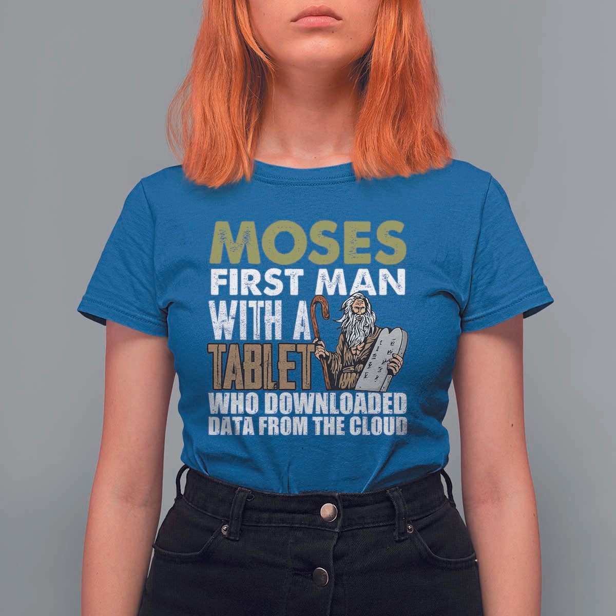 Funny Passover Jewish Tech Pun T Shirt For Women Moses First Man with a Tablet Who Downloaded Data from the Cloud