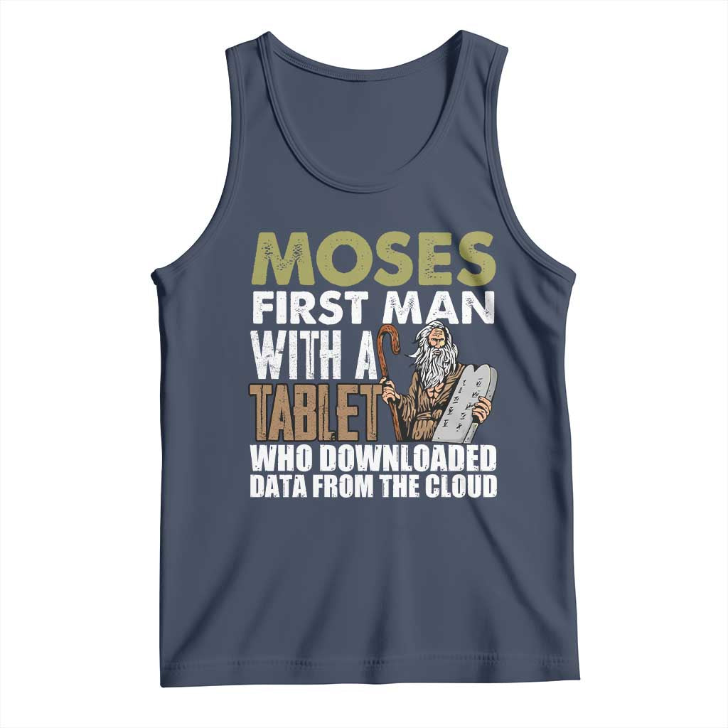 Funny Passover Jewish Tech Pun Tank Top Moses First Man with a Tablet Who Downloaded Data from the Cloud
