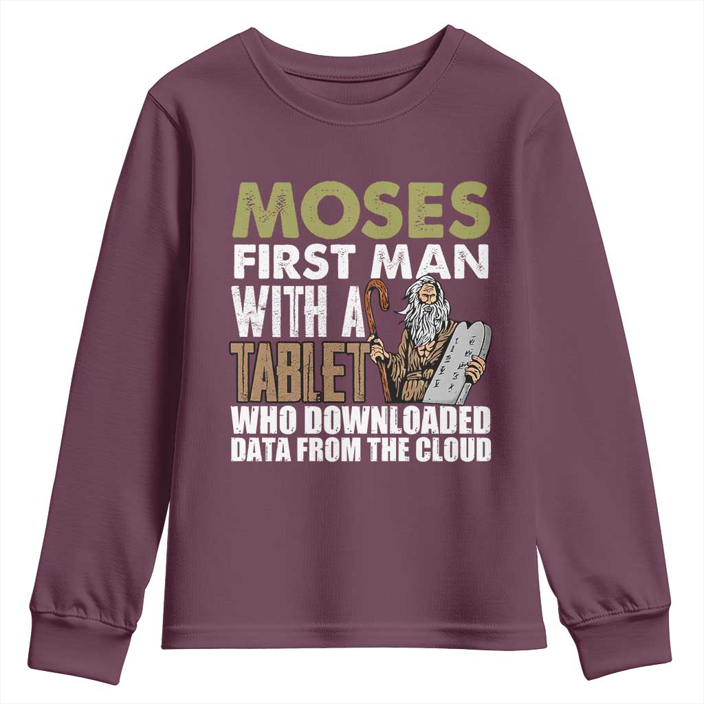 Funny Passover Jewish Tech Pun Youth Sweatshirt Moses First Man with a Tablet Who Downloaded Data from the Cloud