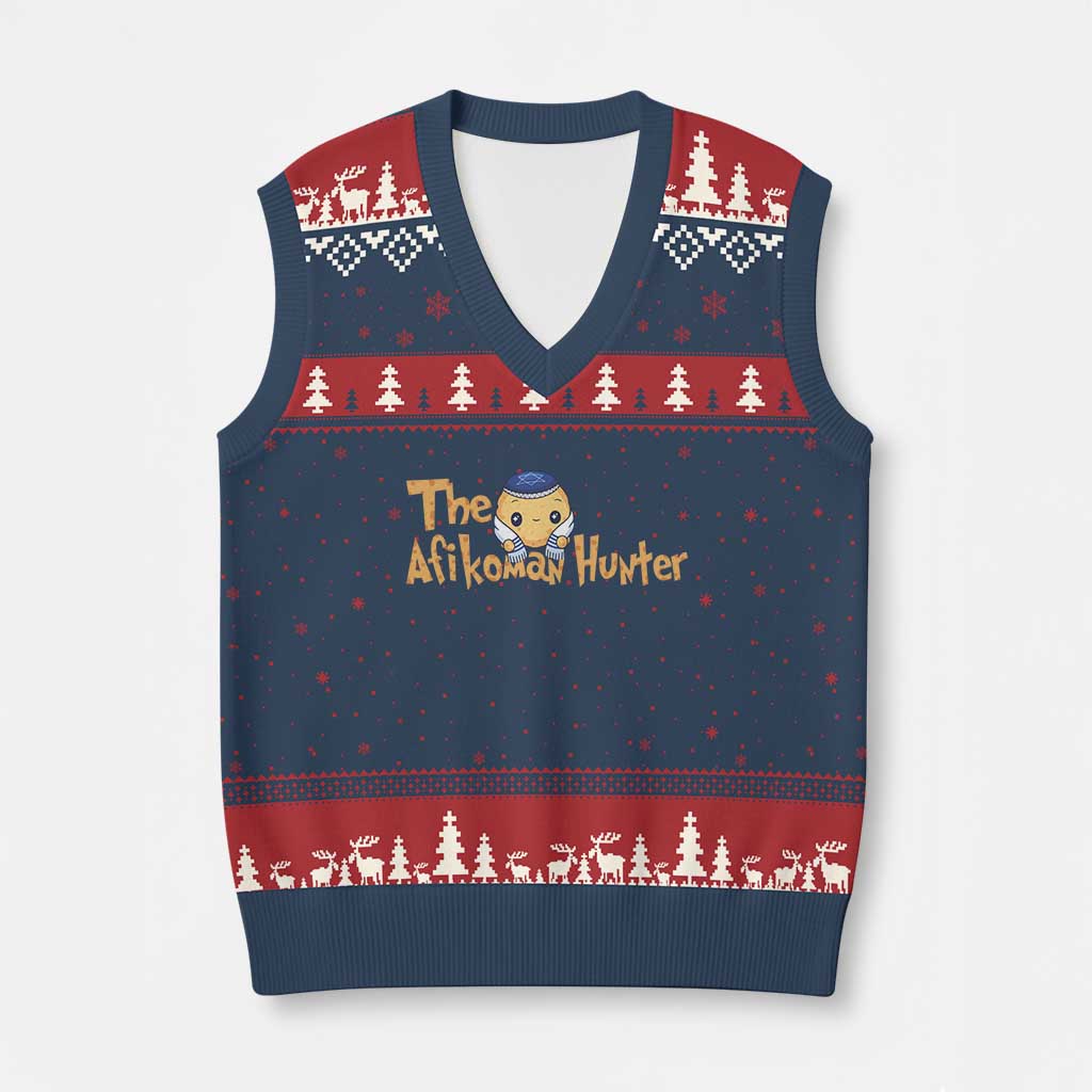 Funny Passover V-Neck Knit Sweater Vest Afikoman Hunter Jewish Family Seder Matzah - Wonder Print Shop