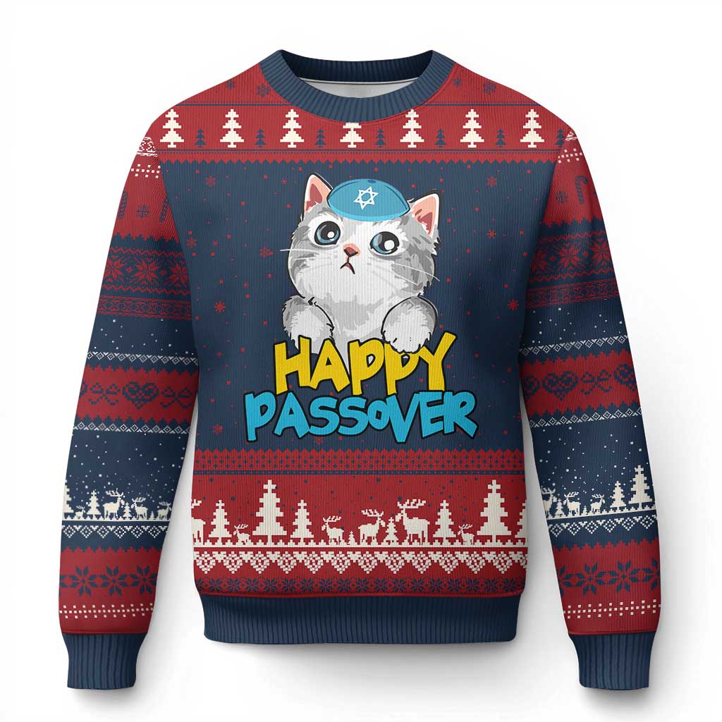 Happy Passover Cute Cat Ugly Christmas Sweater Seder Jewish Pesach - Wonder Print Shop