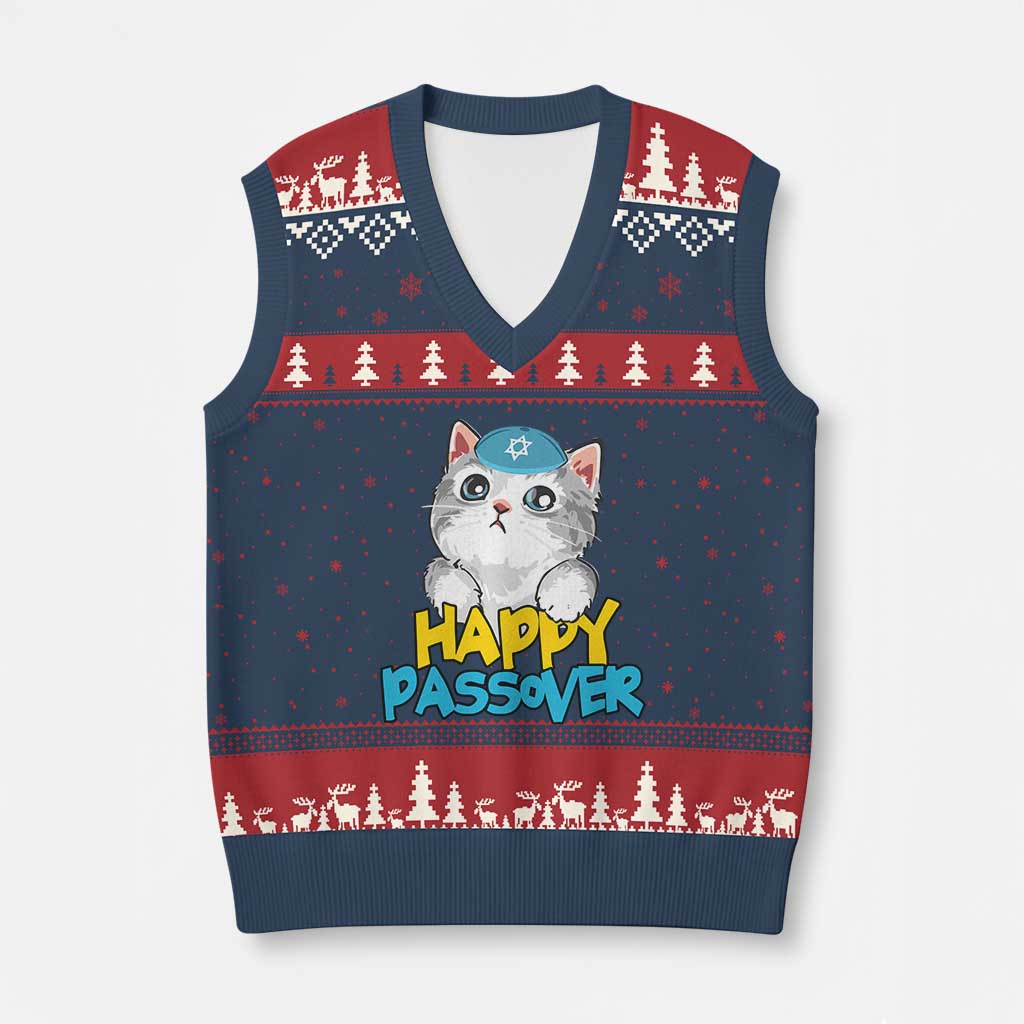 Happy Passover Cute Cat V-Neck Knit Sweater Vest Seder Jewish Pesach - Wonder Print Shop
