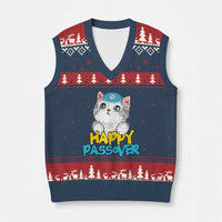 Happy Passover Cute Cat V-Neck Knit Sweater Vest Seder Jewish Pesach - Wonder Print Shop