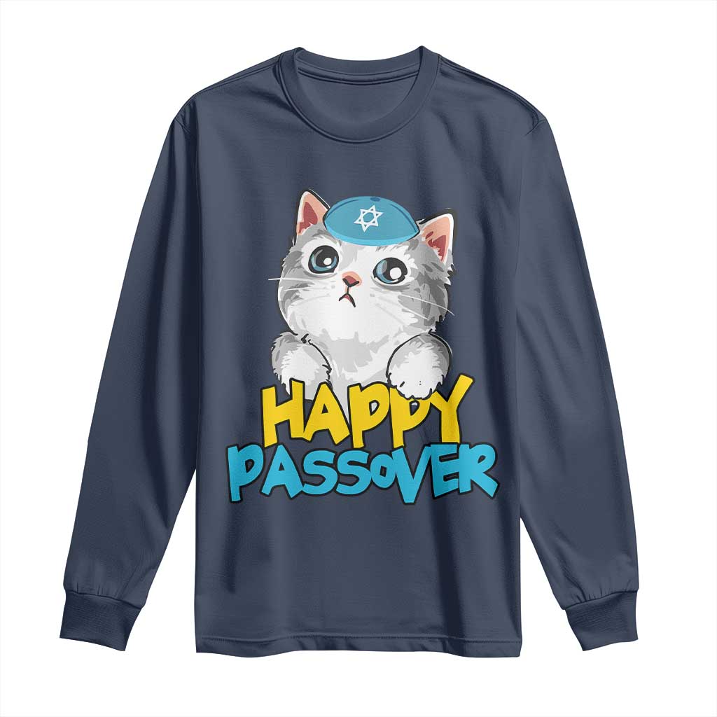 Happy Passover Cute Cat Long Sleeve Shirt Seder Jewish Pesach