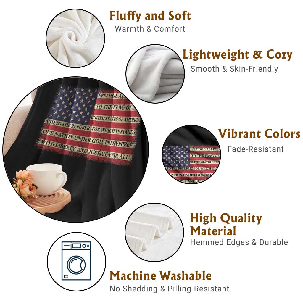 Pledge of Allegiance USA Flag Vintage Patriotic Graphic Throw Blanket One Nation Under God Liberty and Justice for All