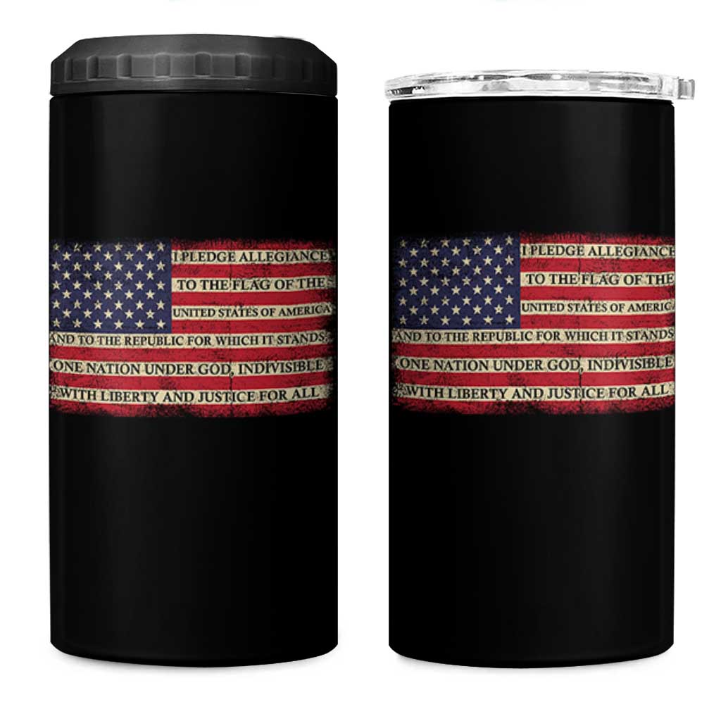 Pledge of Allegiance USA Flag Vintage Patriotic Graphic 4 in 1 Can Cooler Tumbler One Nation Under God Liberty and Justice for All