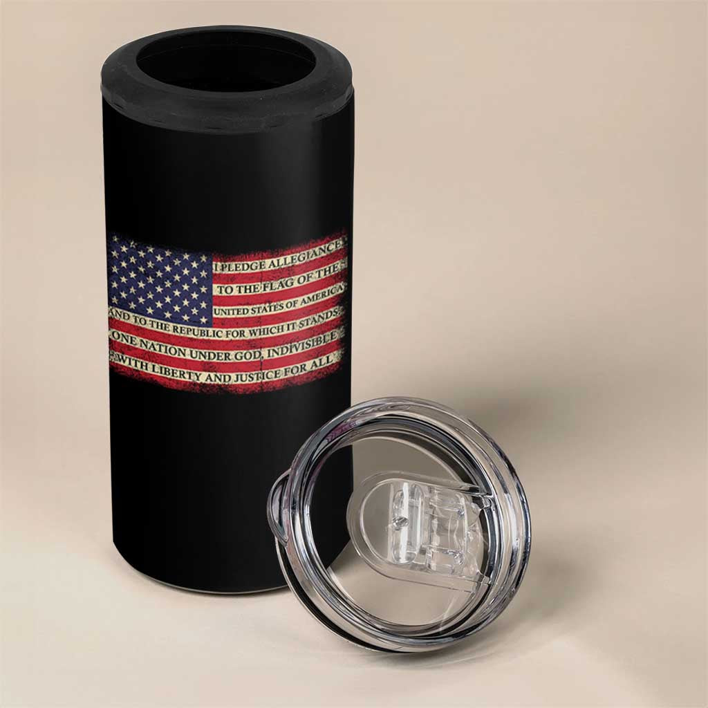 Pledge of Allegiance USA Flag Vintage Patriotic Graphic 4 in 1 Can Cooler Tumbler One Nation Under God Liberty and Justice for All