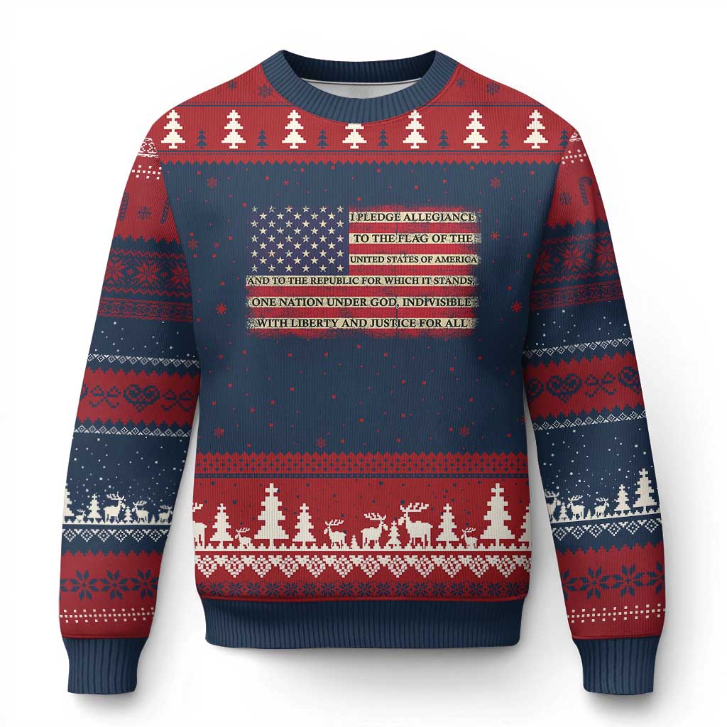 Pledge of Allegiance USA Flag Vintage Patriotic Graphic Ugly Christmas Sweater One Nation Under God Liberty and Justice for All