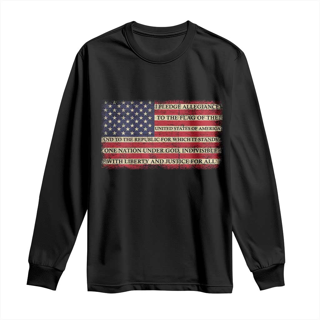 Pledge of Allegiance USA Flag Vintage Patriotic Graphic Long Sleeve Shirt One Nation Under God Liberty and Justice for All