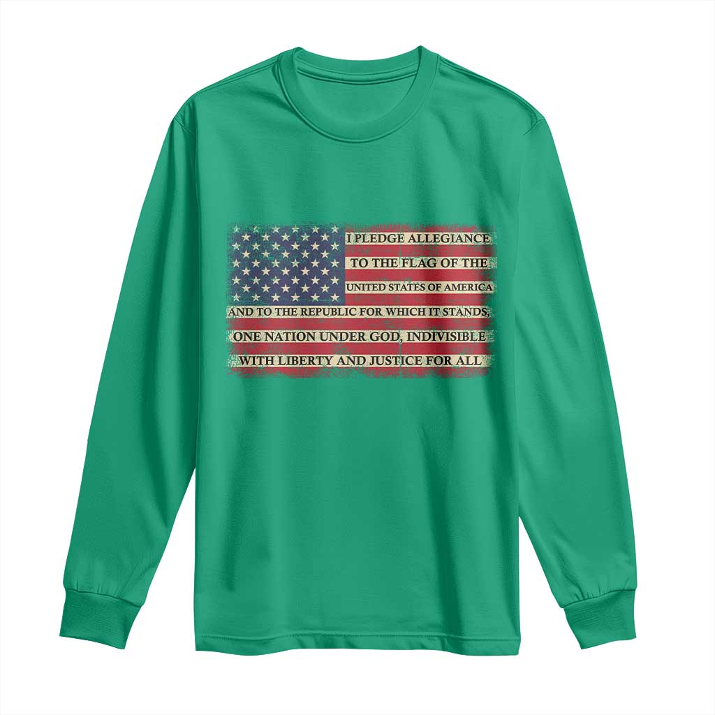 Pledge of Allegiance USA Flag Vintage Patriotic Graphic Long Sleeve Shirt One Nation Under God Liberty and Justice for All