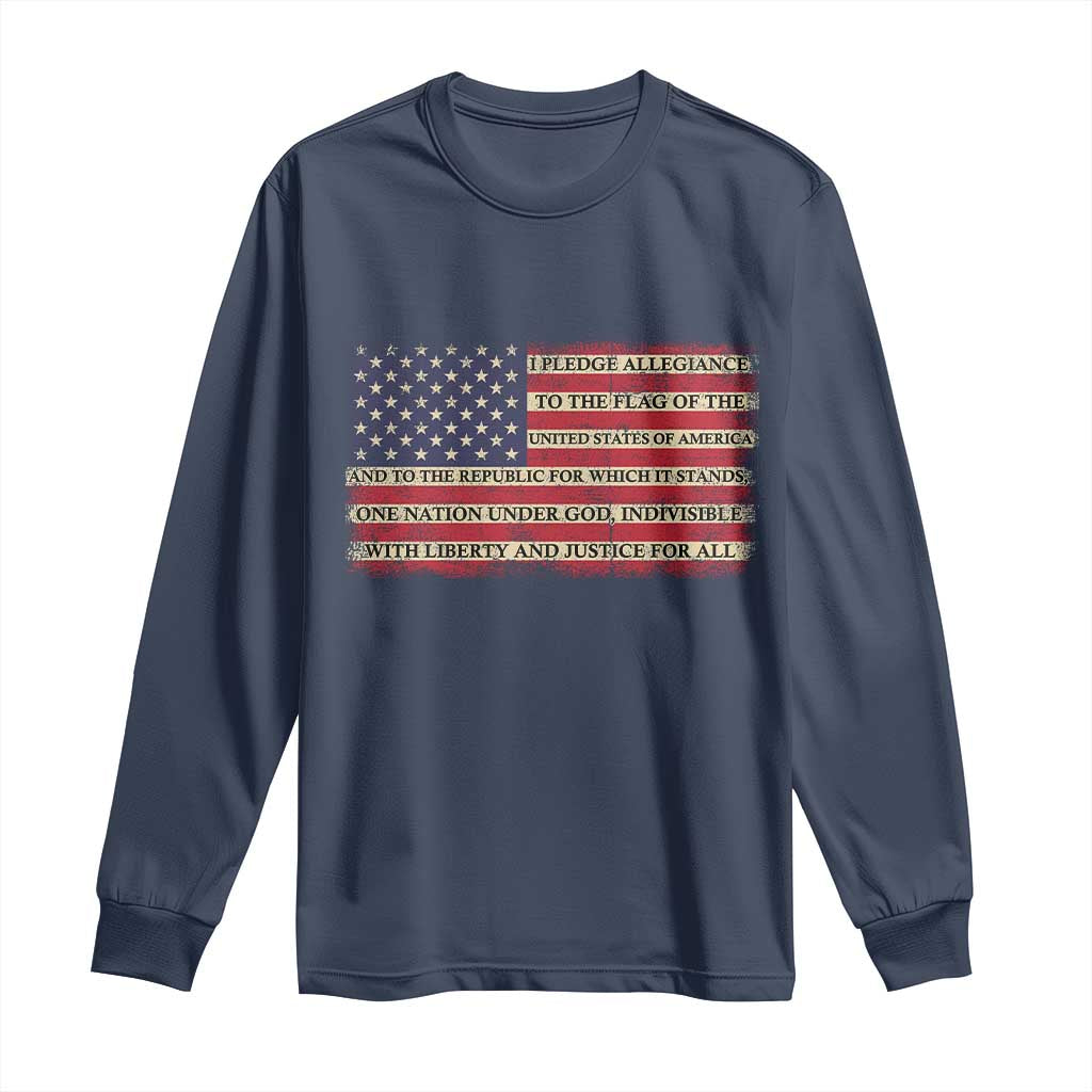 Pledge of Allegiance USA Flag Vintage Patriotic Graphic Long Sleeve Shirt One Nation Under God Liberty and Justice for All
