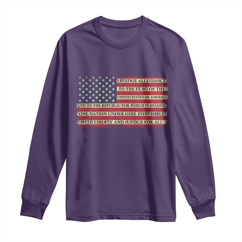 Pledge of Allegiance USA Flag Vintage Patriotic Graphic Long Sleeve Shirt One Nation Under God Liberty and Justice for All