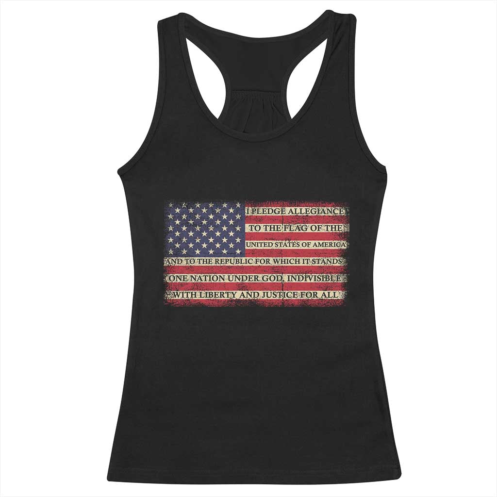 Pledge of Allegiance USA Flag Vintage Patriotic Graphic Racerback Tank Top One Nation Under God Liberty and Justice for All