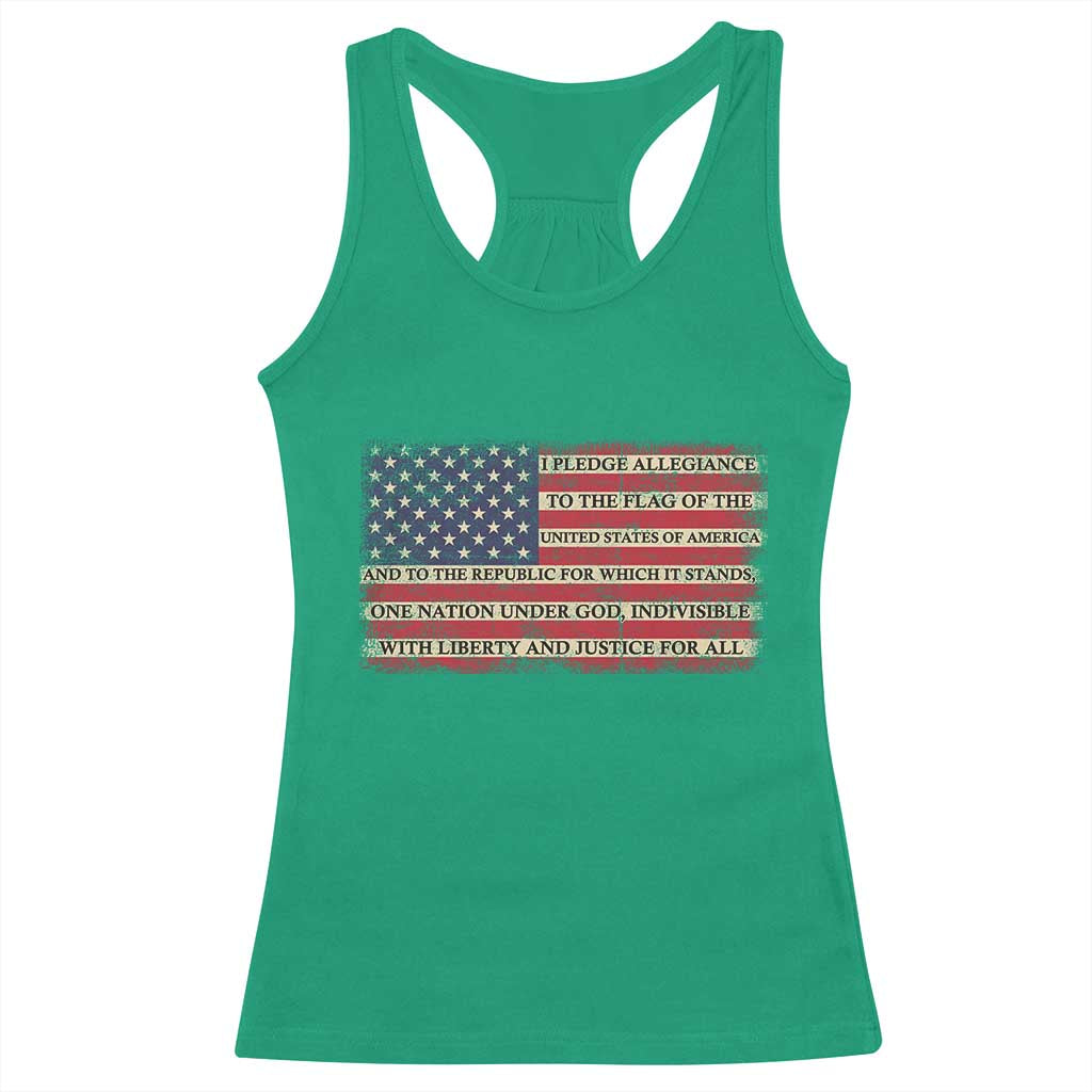 Pledge of Allegiance USA Flag Vintage Patriotic Graphic Racerback Tank Top One Nation Under God Liberty and Justice for All