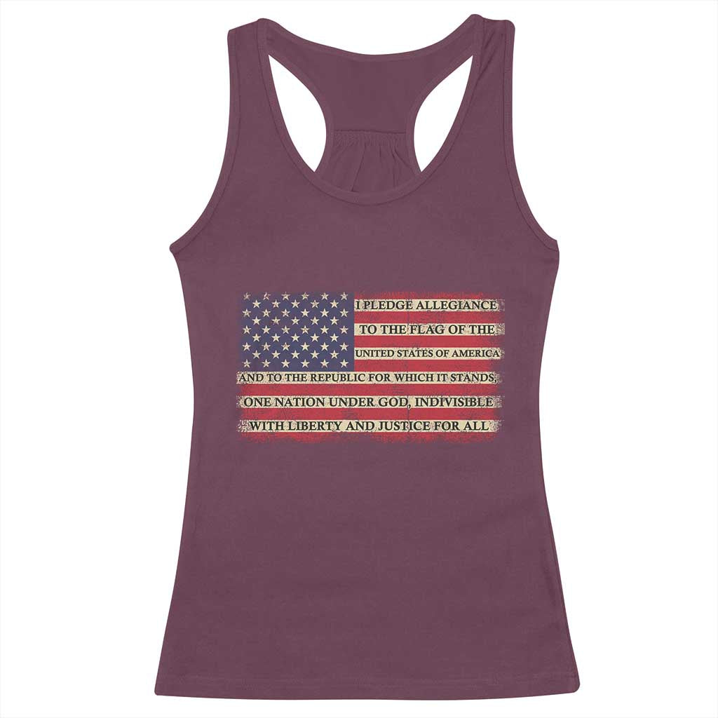 Pledge of Allegiance USA Flag Vintage Patriotic Graphic Racerback Tank Top One Nation Under God Liberty and Justice for All