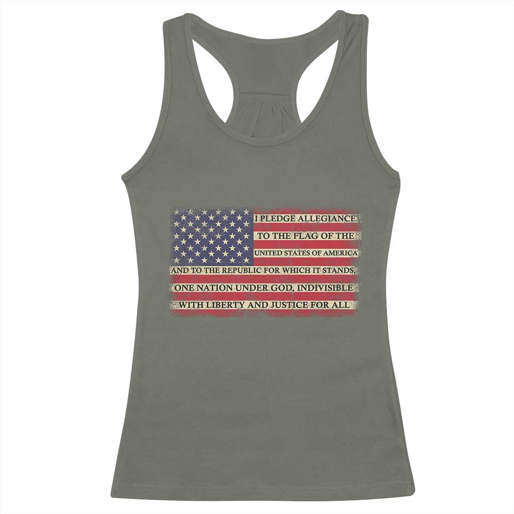 Pledge of Allegiance USA Flag Vintage Patriotic Graphic Racerback Tank Top One Nation Under God Liberty and Justice for All