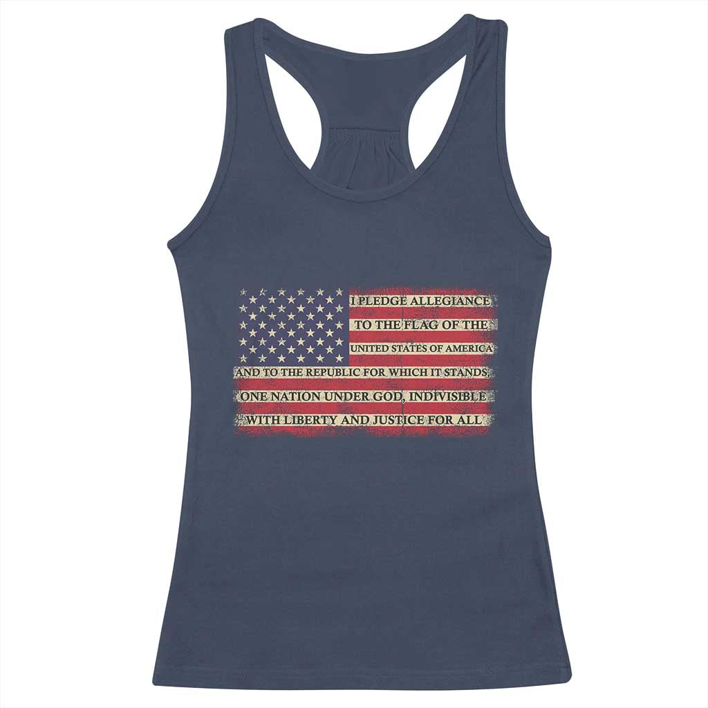 Pledge of Allegiance USA Flag Vintage Patriotic Graphic Racerback Tank Top One Nation Under God Liberty and Justice for All