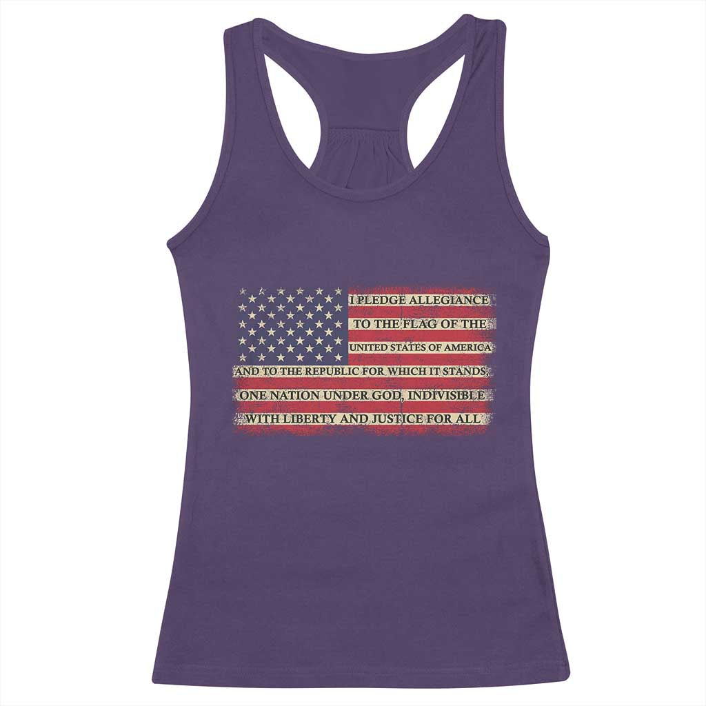 Pledge of Allegiance USA Flag Vintage Patriotic Graphic Racerback Tank Top One Nation Under God Liberty and Justice for All