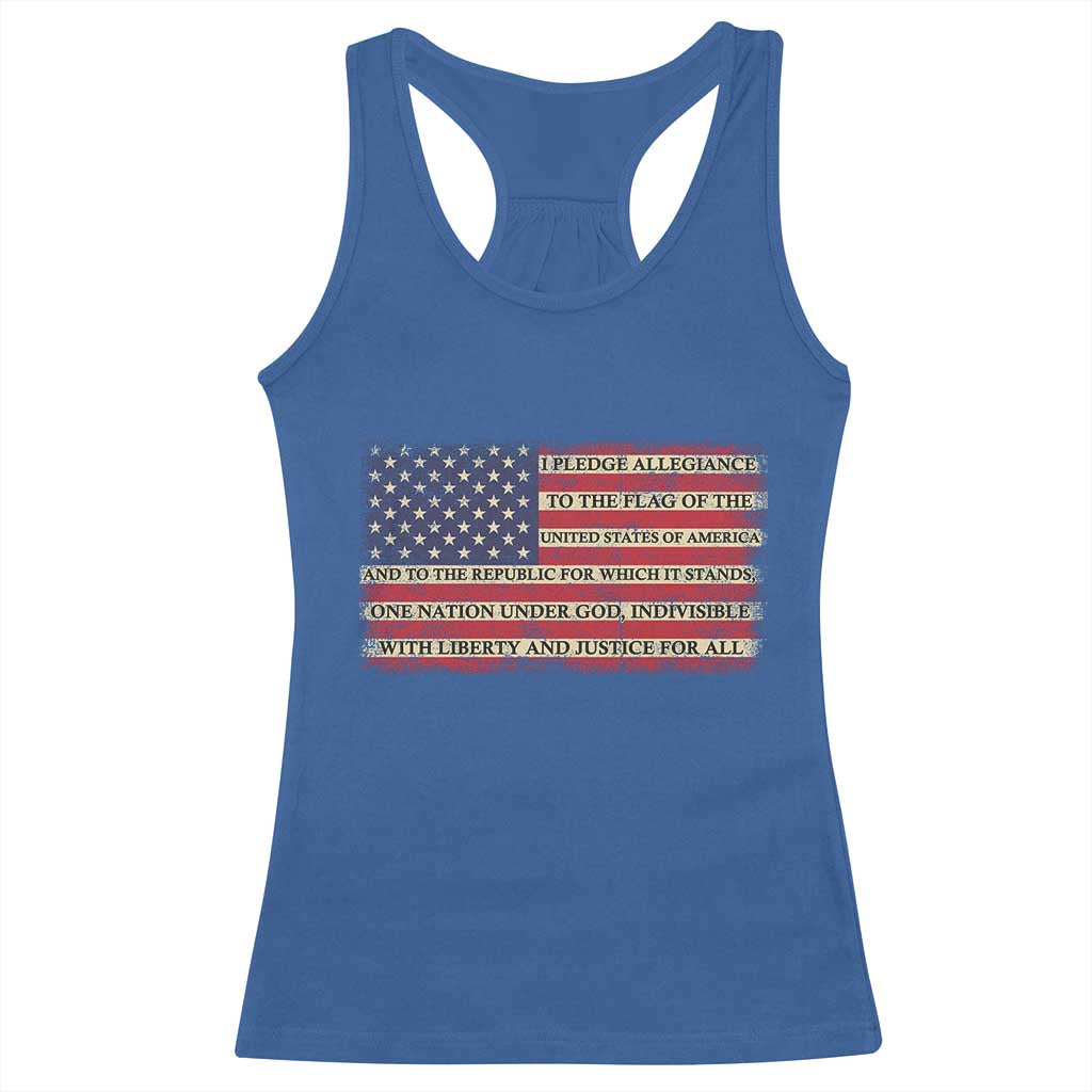 Pledge of Allegiance USA Flag Vintage Patriotic Graphic Racerback Tank Top One Nation Under God Liberty and Justice for All