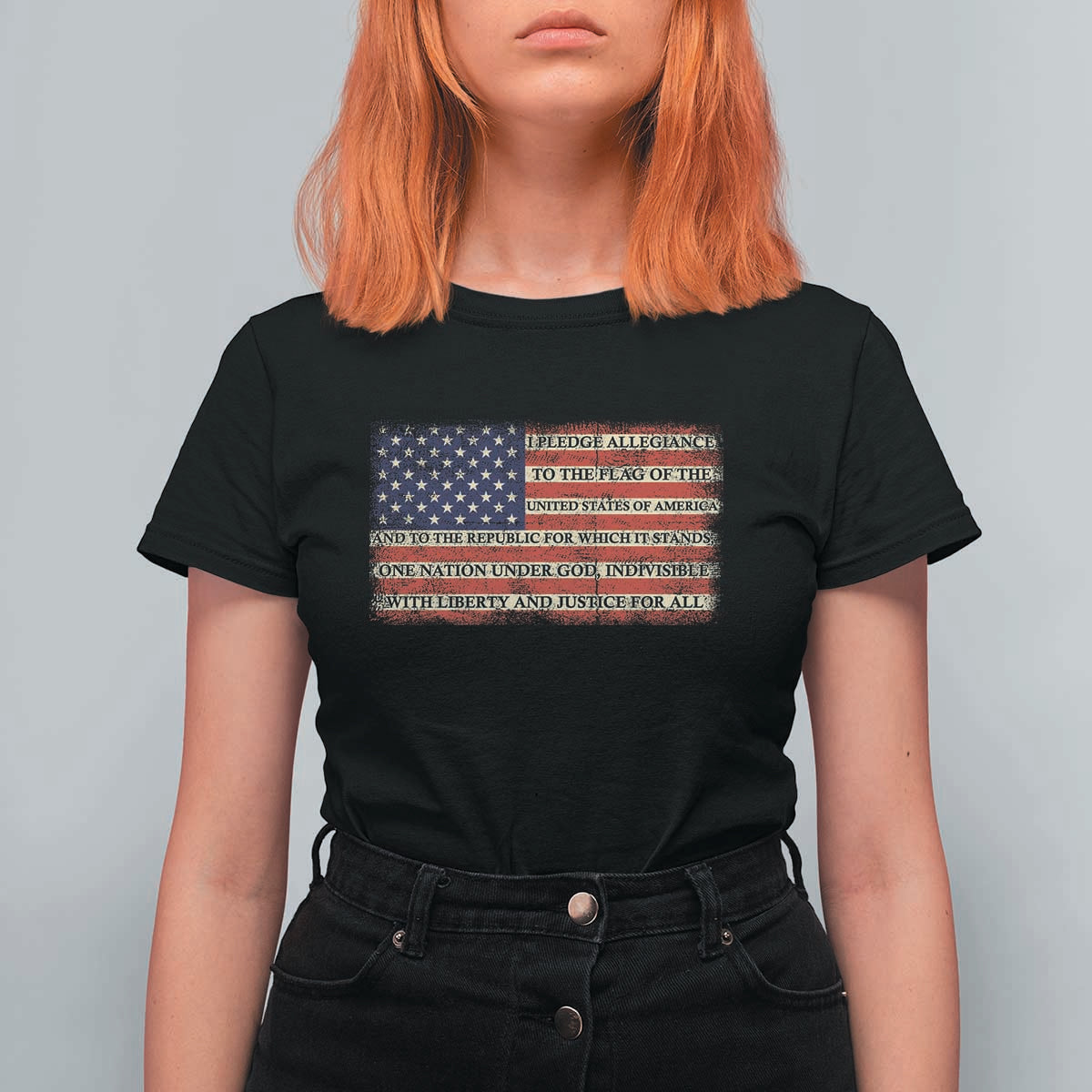 Pledge of Allegiance USA Flag Vintage Patriotic Graphic T Shirt For Women One Nation Under God Liberty and Justice for All