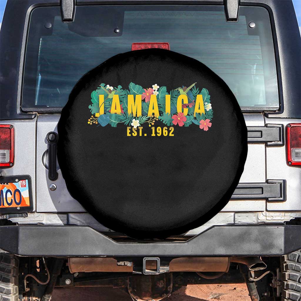 Jamaica Est 1962 Tropical Independence Spare Tire Cover Doctor Bird and Hibiscus Botanical Travel Souvenir