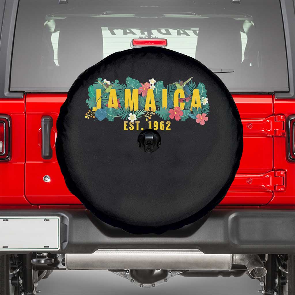 Jamaica Est 1962 Tropical Independence Spare Tire Cover Doctor Bird and Hibiscus Botanical Travel Souvenir
