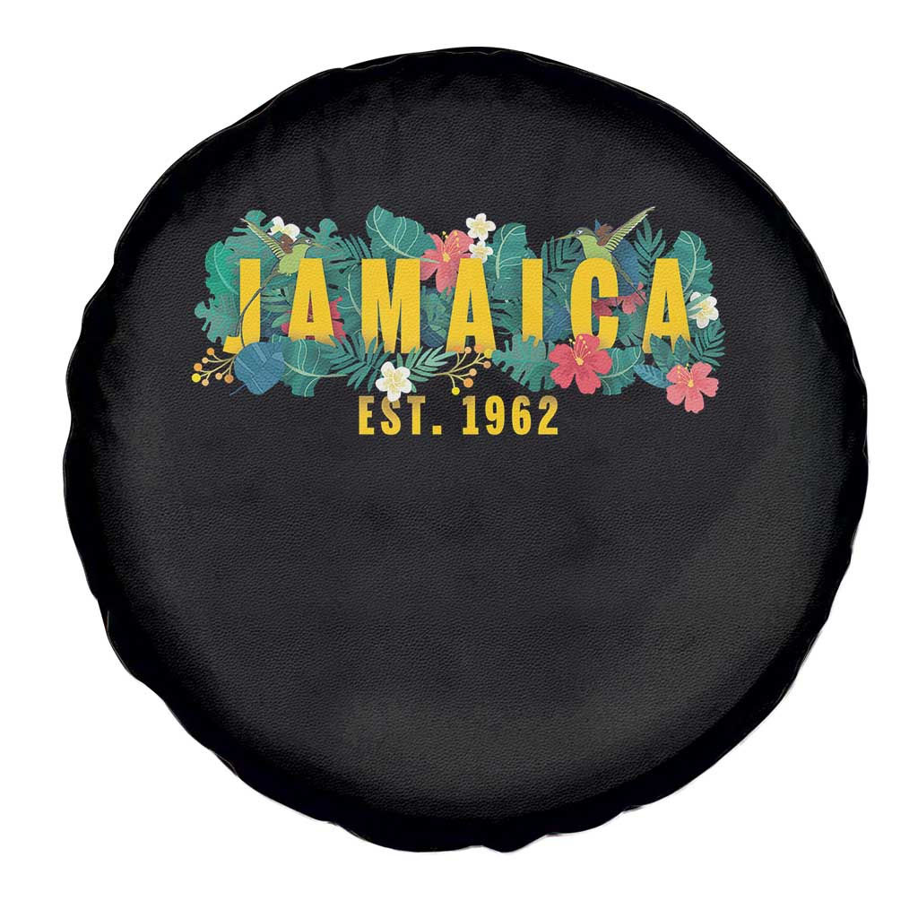 Jamaica Est 1962 Tropical Independence Spare Tire Cover Doctor Bird and Hibiscus Botanical Travel Souvenir