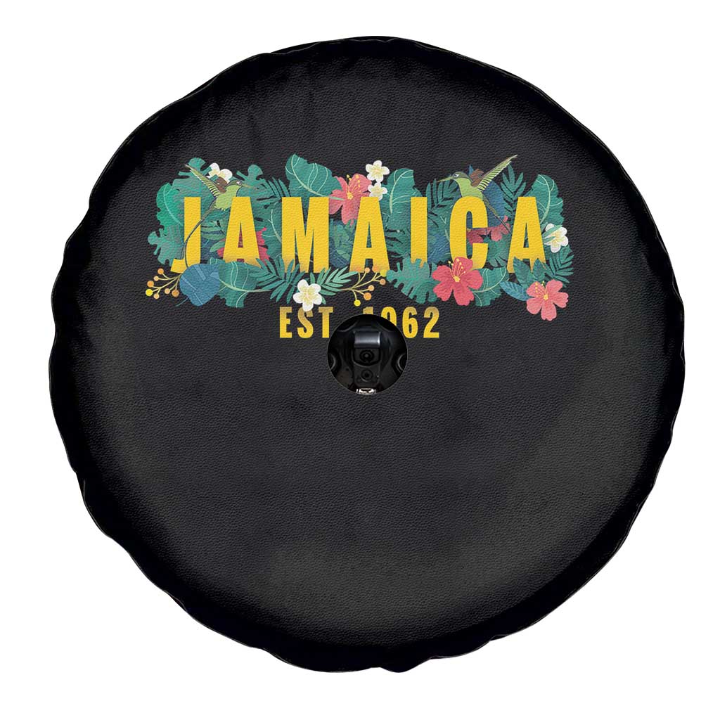 Jamaica Est 1962 Tropical Independence Spare Tire Cover Doctor Bird and Hibiscus Botanical Travel Souvenir