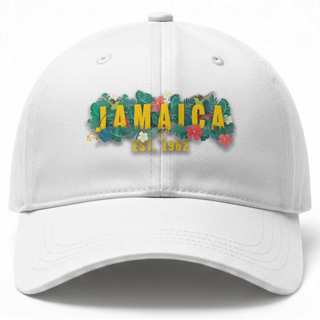 Jamaica Est 1962 Tropical Independence Baseball Cap Doctor Bird and Hibiscus Botanical Travel Souvenir