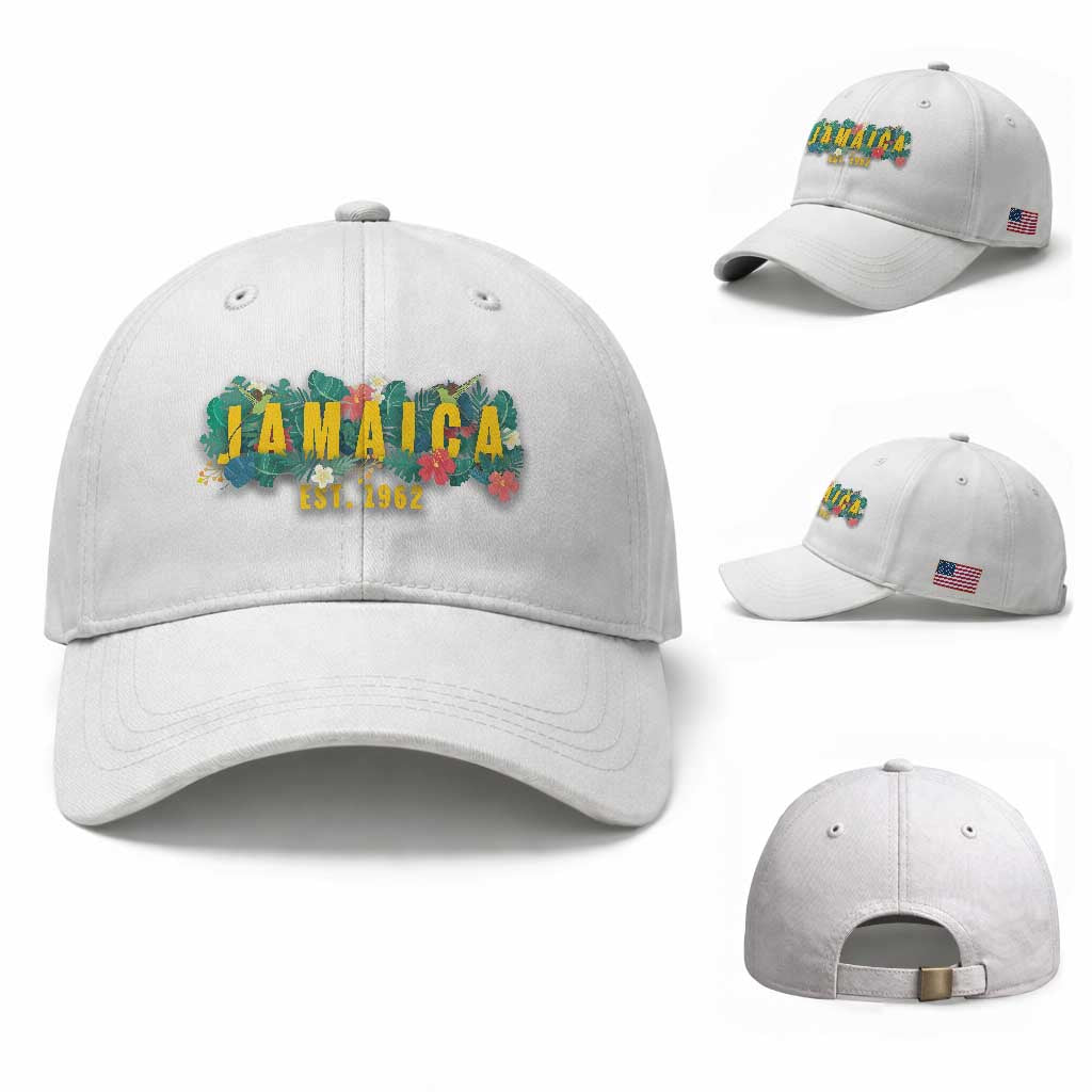 Jamaica Est 1962 Tropical Independence Baseball Cap Doctor Bird and Hibiscus Botanical Travel Souvenir
