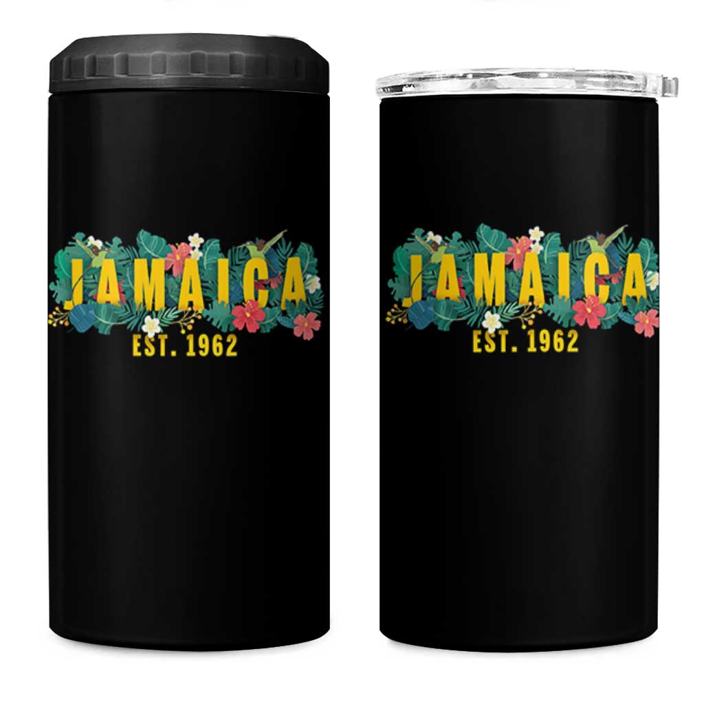 Jamaica Est 1962 Tropical Independence 4 in 1 Can Cooler Tumbler Doctor Bird and Hibiscus Botanical Travel Souvenir