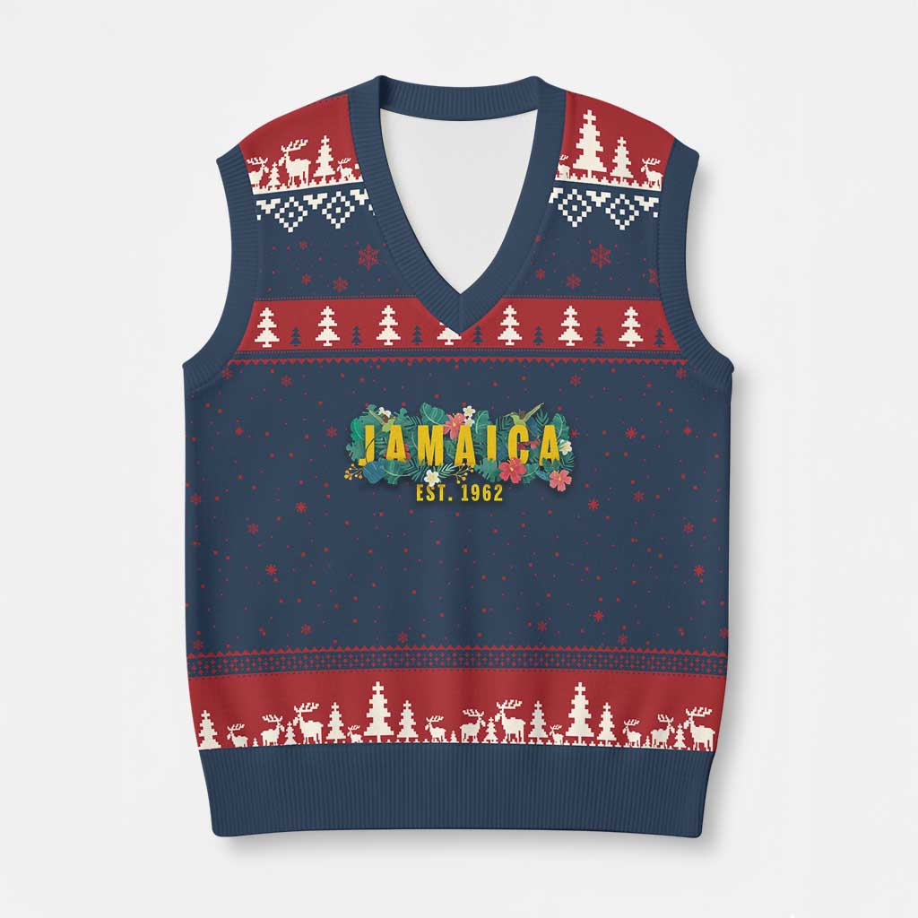 Jamaica Est 1962 Tropical Independence V-Neck Knit Sweater Vest Doctor Bird and Hibiscus Botanical Travel Souvenir