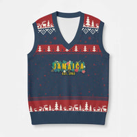 Jamaica Est 1962 Tropical Independence V-Neck Knit Sweater Vest Doctor Bird and Hibiscus Botanical Travel Souvenir