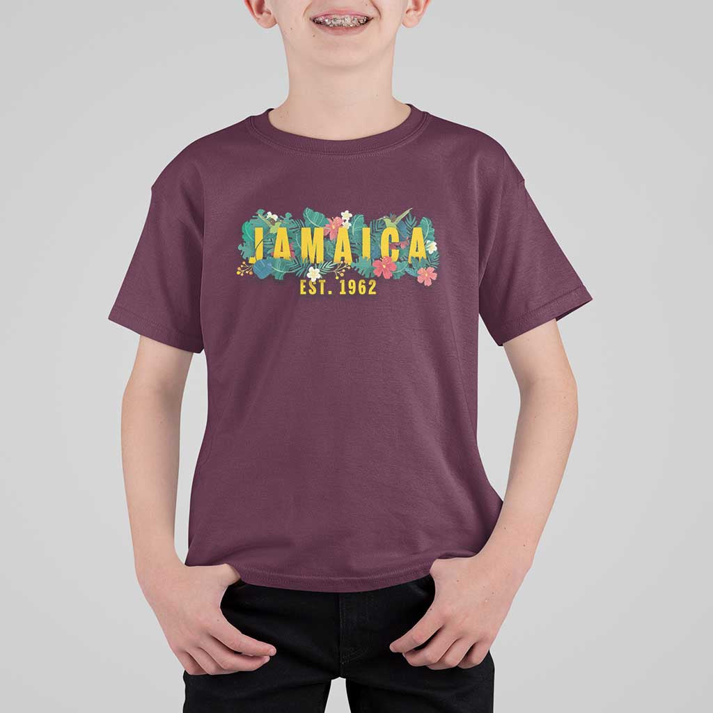 Jamaica Est 1962 Tropical Independence T Shirt For Kid Doctor Bird and Hibiscus Botanical Travel Souvenir