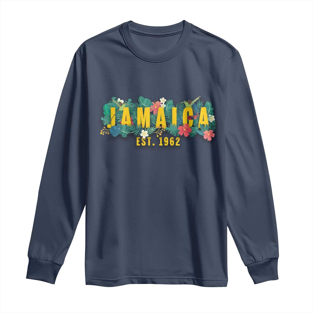 Jamaica Est 1962 Tropical Independence Long Sleeve Shirt Doctor Bird and Hibiscus Botanical Travel Souvenir