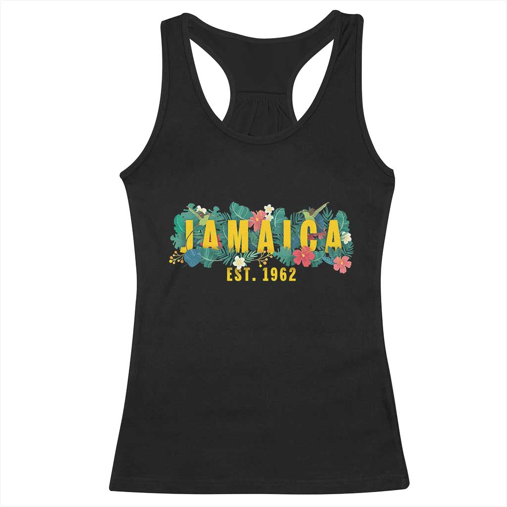 Jamaica Est 1962 Tropical Independence Racerback Tank Top Doctor Bird and Hibiscus Botanical Travel Souvenir