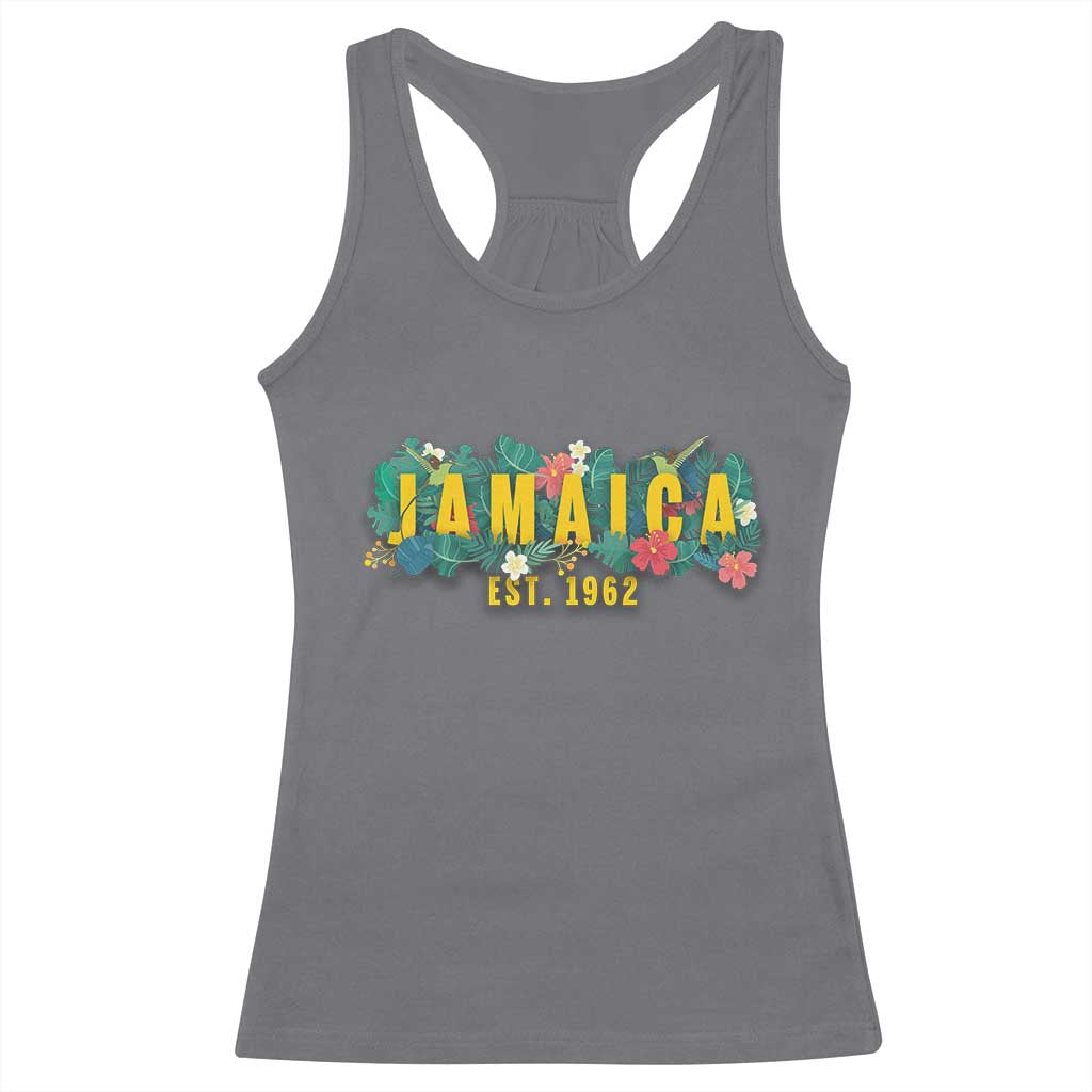 Jamaica Est 1962 Tropical Independence Racerback Tank Top Doctor Bird and Hibiscus Botanical Travel Souvenir
