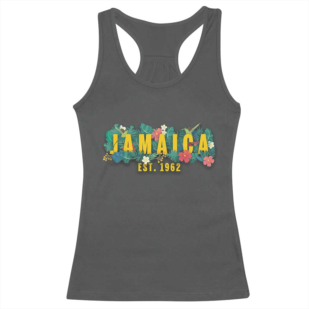 Jamaica Est 1962 Tropical Independence Racerback Tank Top Doctor Bird and Hibiscus Botanical Travel Souvenir
