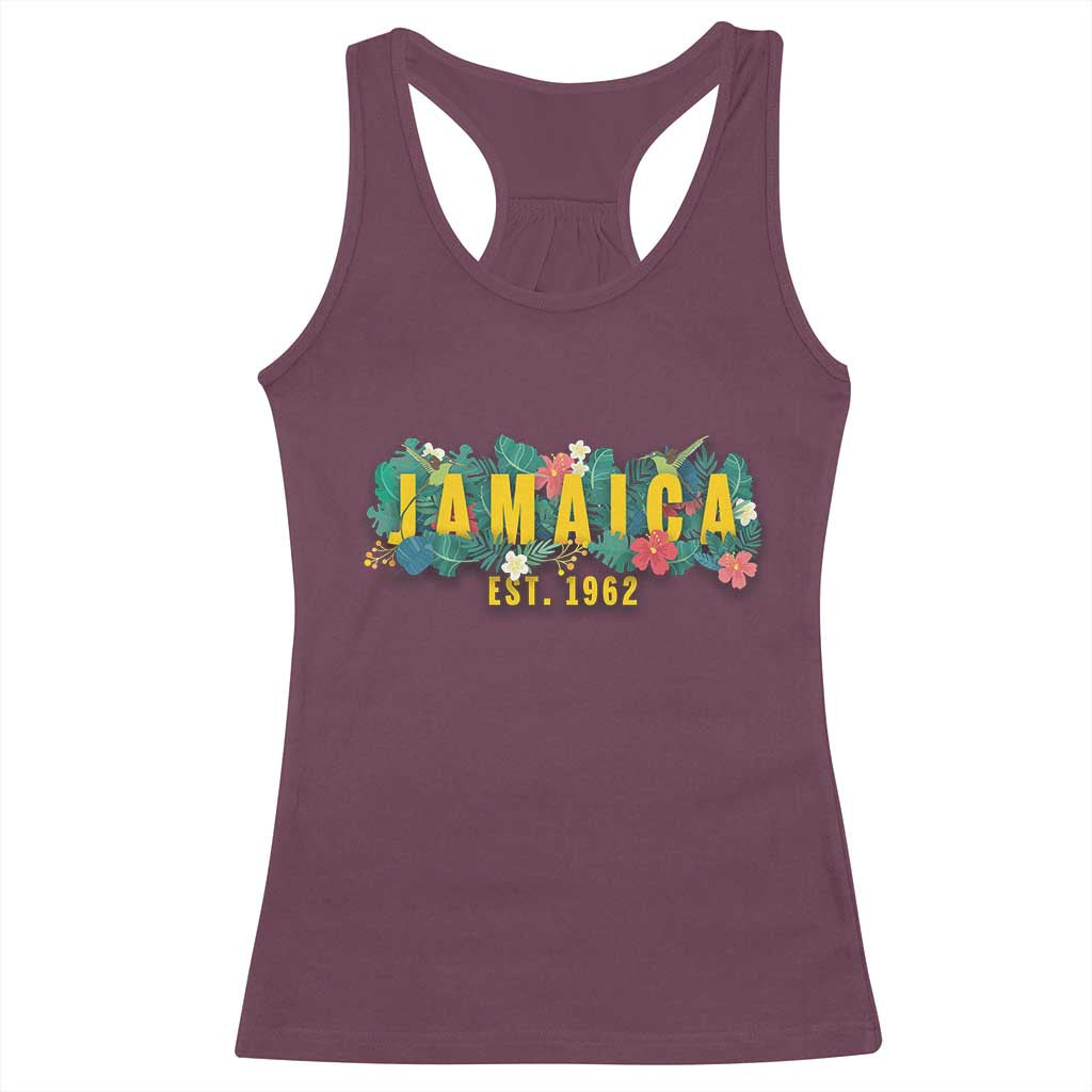 Jamaica Est 1962 Tropical Independence Racerback Tank Top Doctor Bird and Hibiscus Botanical Travel Souvenir