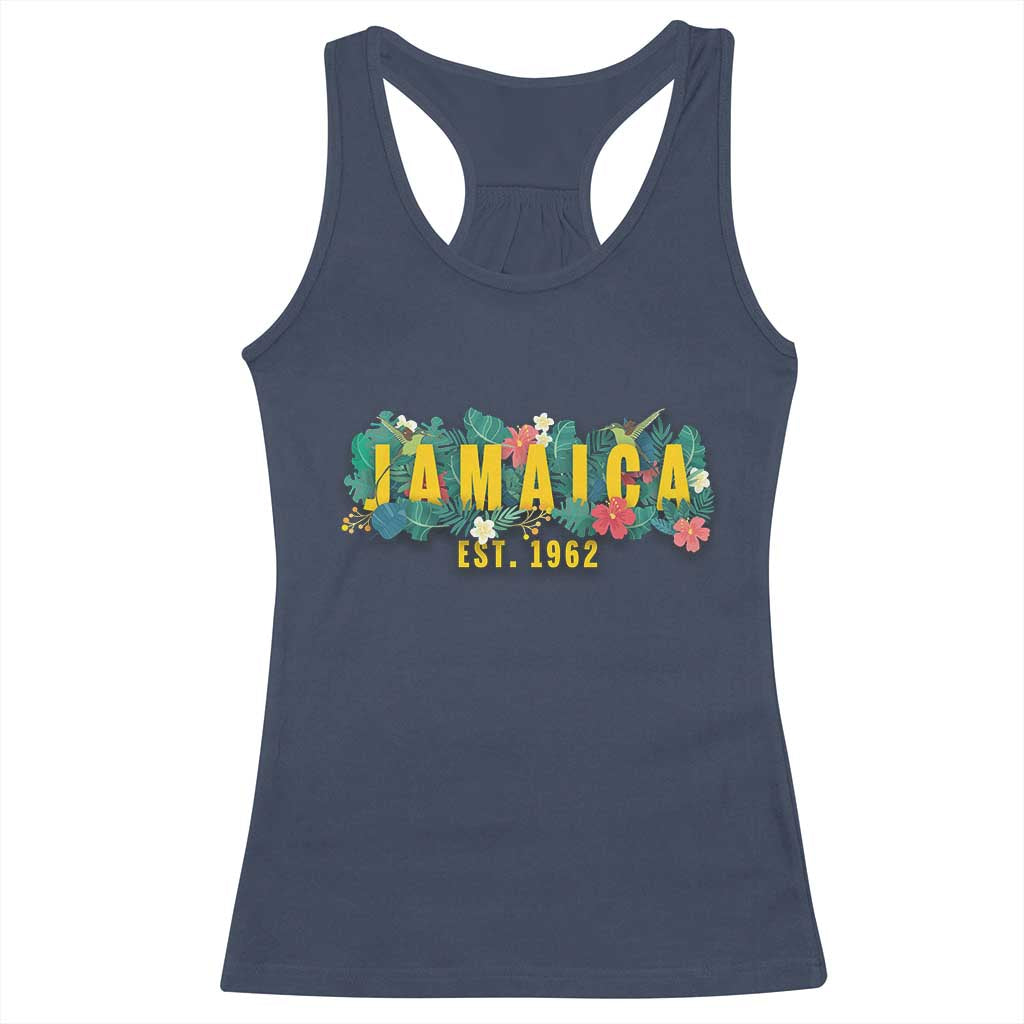 Jamaica Est 1962 Tropical Independence Racerback Tank Top Doctor Bird and Hibiscus Botanical Travel Souvenir