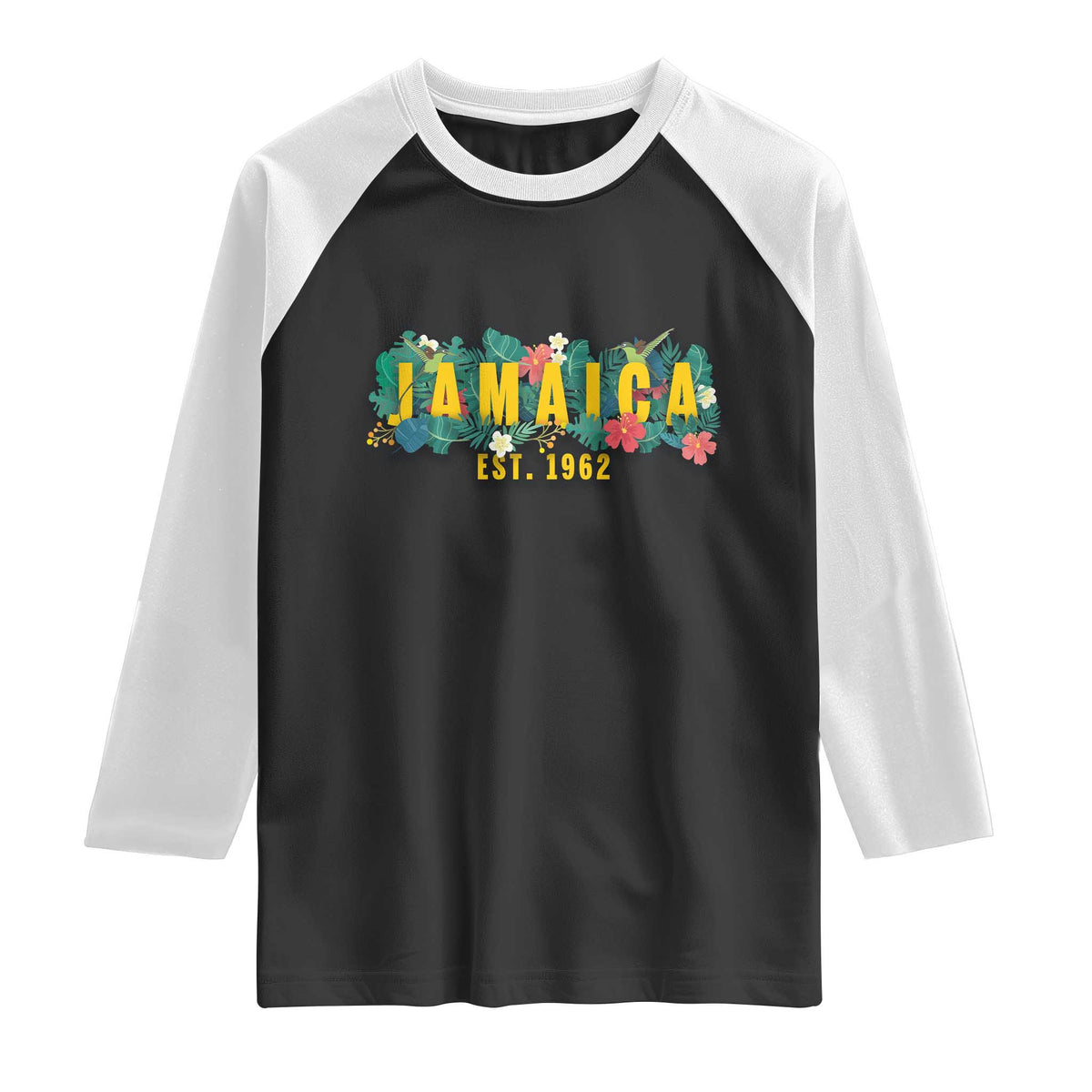 Jamaica Est 1962 Tropical Independence Raglan Shirt Doctor Bird and Hibiscus Botanical Travel Souvenir