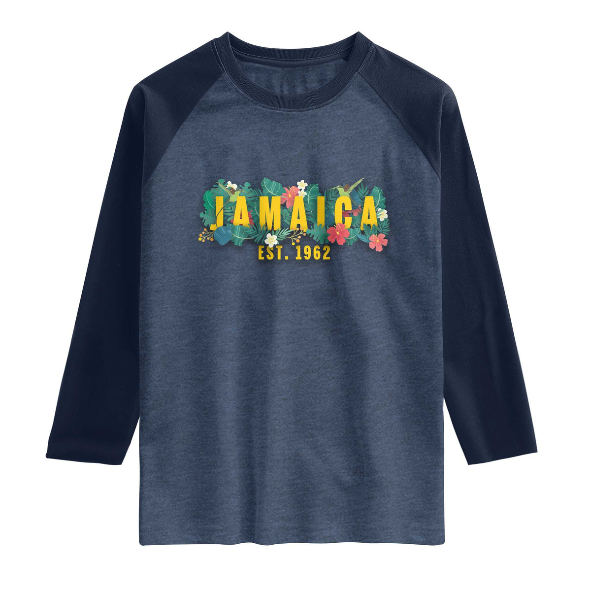 Jamaica Est 1962 Tropical Independence Raglan Shirt Doctor Bird and Hibiscus Botanical Travel Souvenir