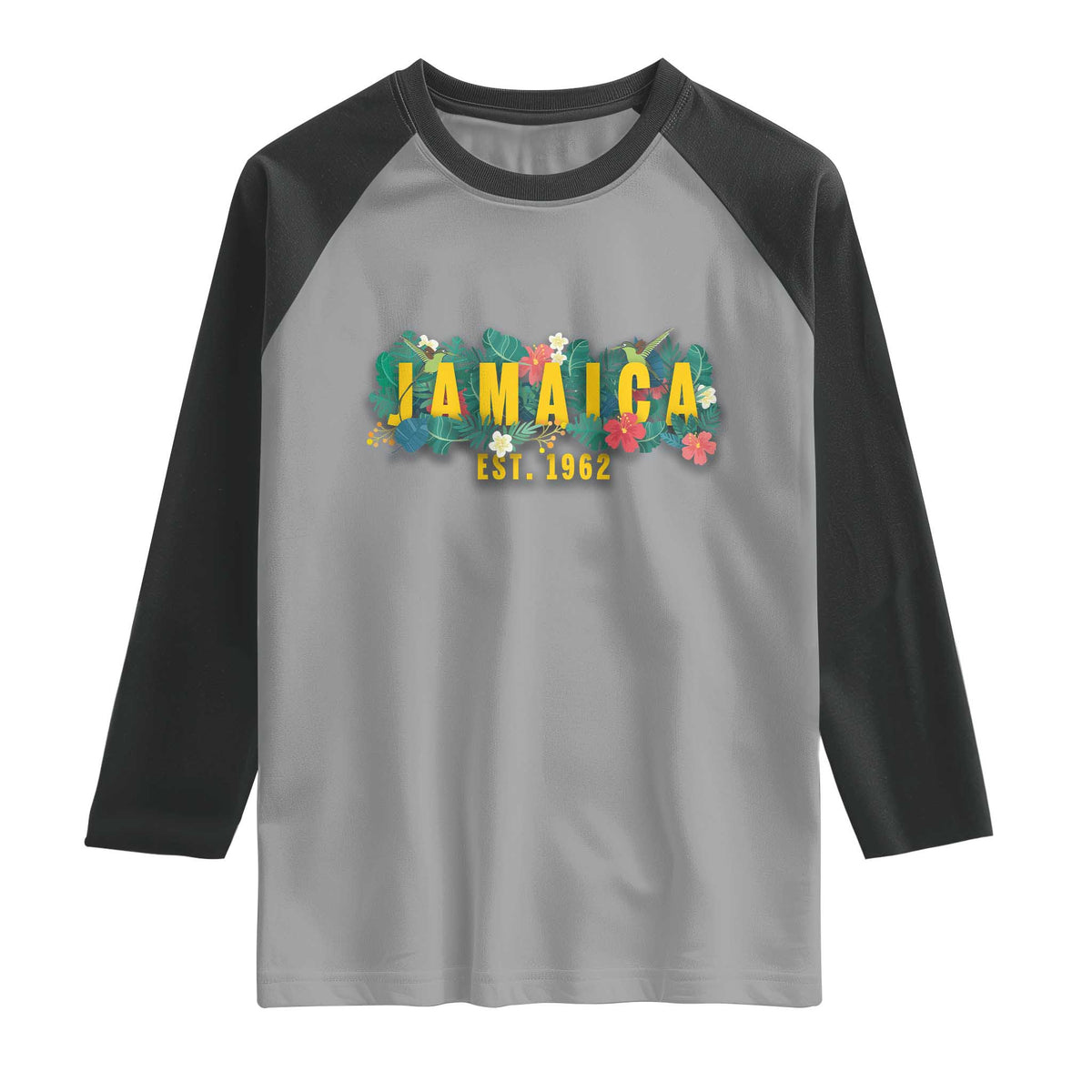 Jamaica Est 1962 Tropical Independence Raglan Shirt Doctor Bird and Hibiscus Botanical Travel Souvenir