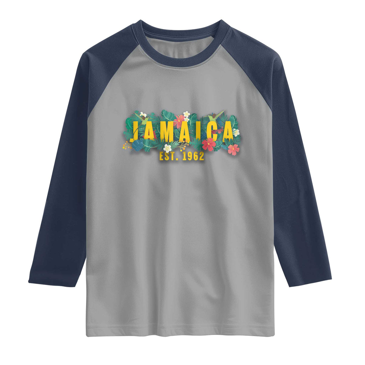 Jamaica Est 1962 Tropical Independence Raglan Shirt Doctor Bird and Hibiscus Botanical Travel Souvenir