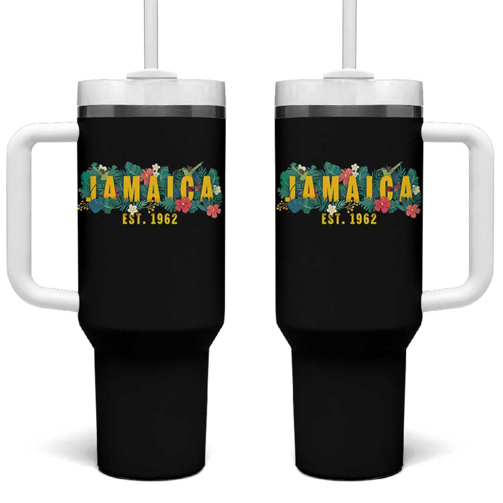 Jamaica Est 1962 Tropical Independence Tumbler With Handle Doctor Bird and Hibiscus Botanical Travel Souvenir