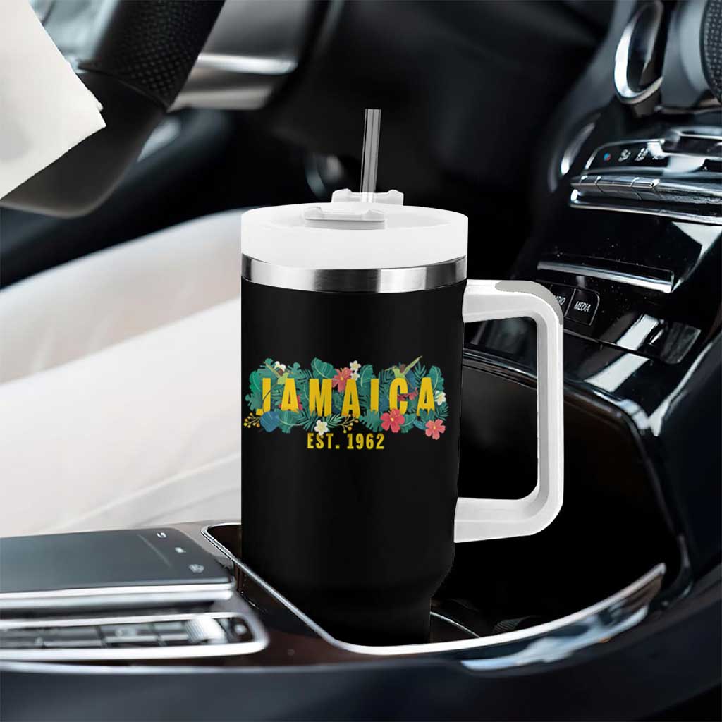 Jamaica Est 1962 Tropical Independence Tumbler With Handle Doctor Bird and Hibiscus Botanical Travel Souvenir