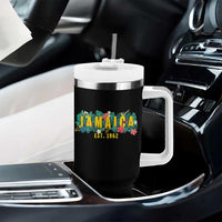 Jamaica Est 1962 Tropical Independence Tumbler With Handle Doctor Bird and Hibiscus Botanical Travel Souvenir