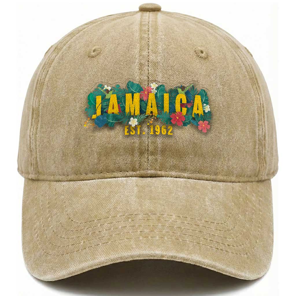 Jamaica Est 1962 Tropical Independence Washed Cotton Baseball Cap Doctor Bird and Hibiscus Botanical Travel Souvenir