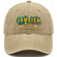 Jamaica Est 1962 Tropical Independence Washed Cotton Baseball Cap Doctor Bird and Hibiscus Botanical Travel Souvenir