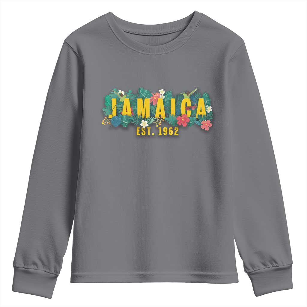 Jamaica Est 1962 Tropical Independence Youth Sweatshirt Doctor Bird and Hibiscus Botanical Travel Souvenir